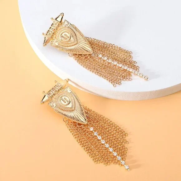 NEW Constantina Gold Shield Chain Drop Ornate Statement Earrings - Picture 2 of 5